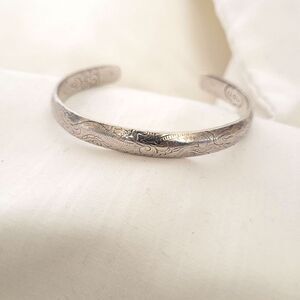 Vintage Sterling Silver Etched Dragon & Cloud Slim Cuff Bracelet